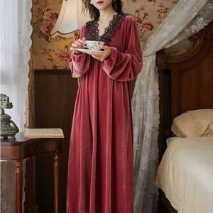 Elegant Velvet Nightgown with Lace Trim